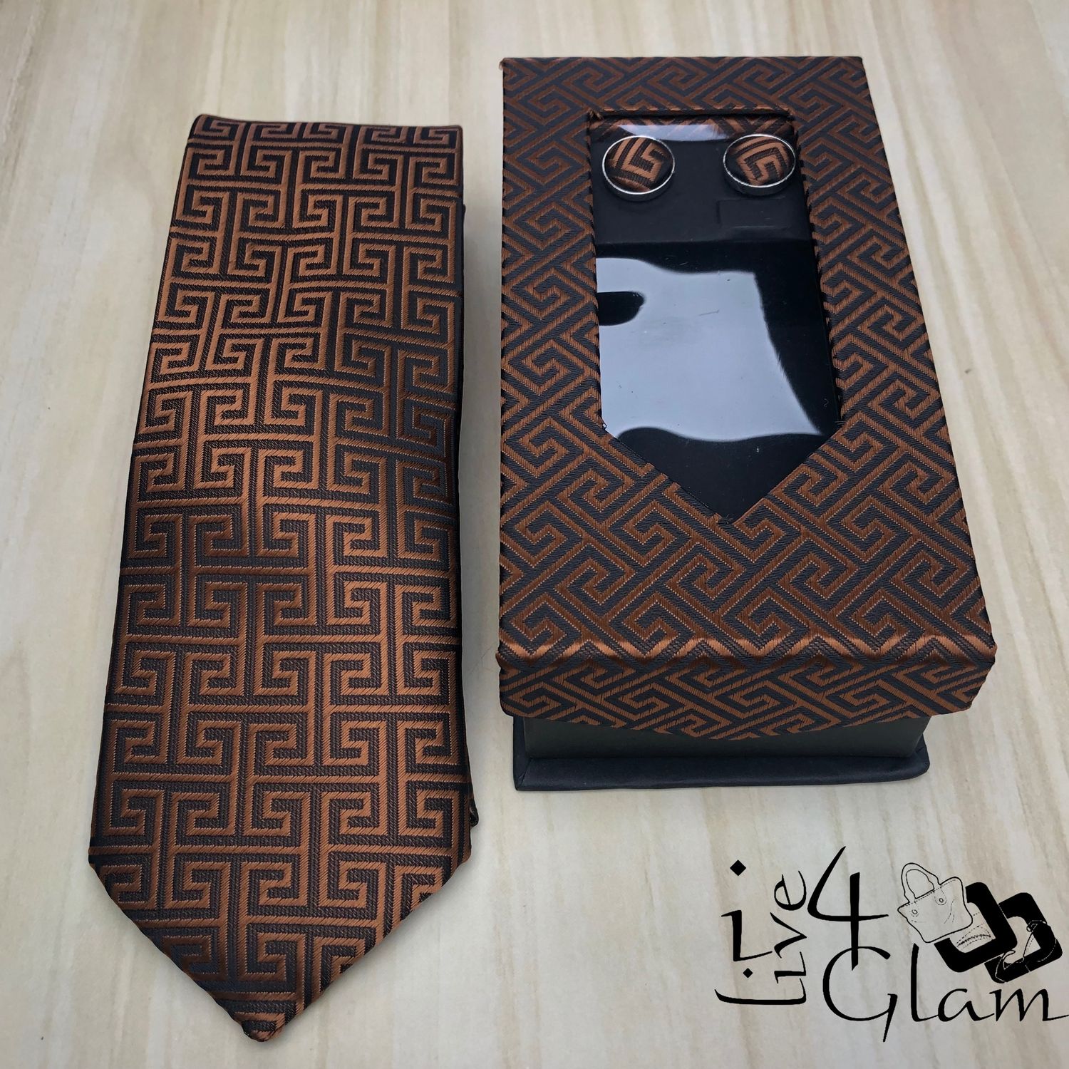 Men&#39;s Tie and Cuff Link Set Brown Pattern