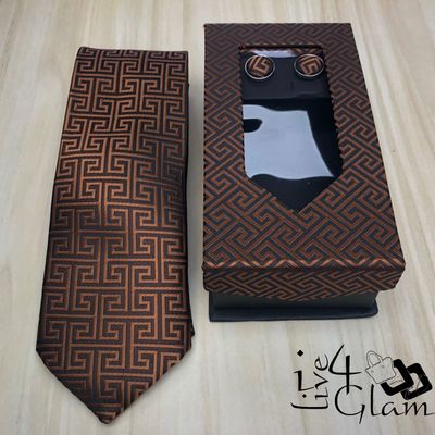 Men&#39;s Tie and Cuff Link Set Brown Pattern