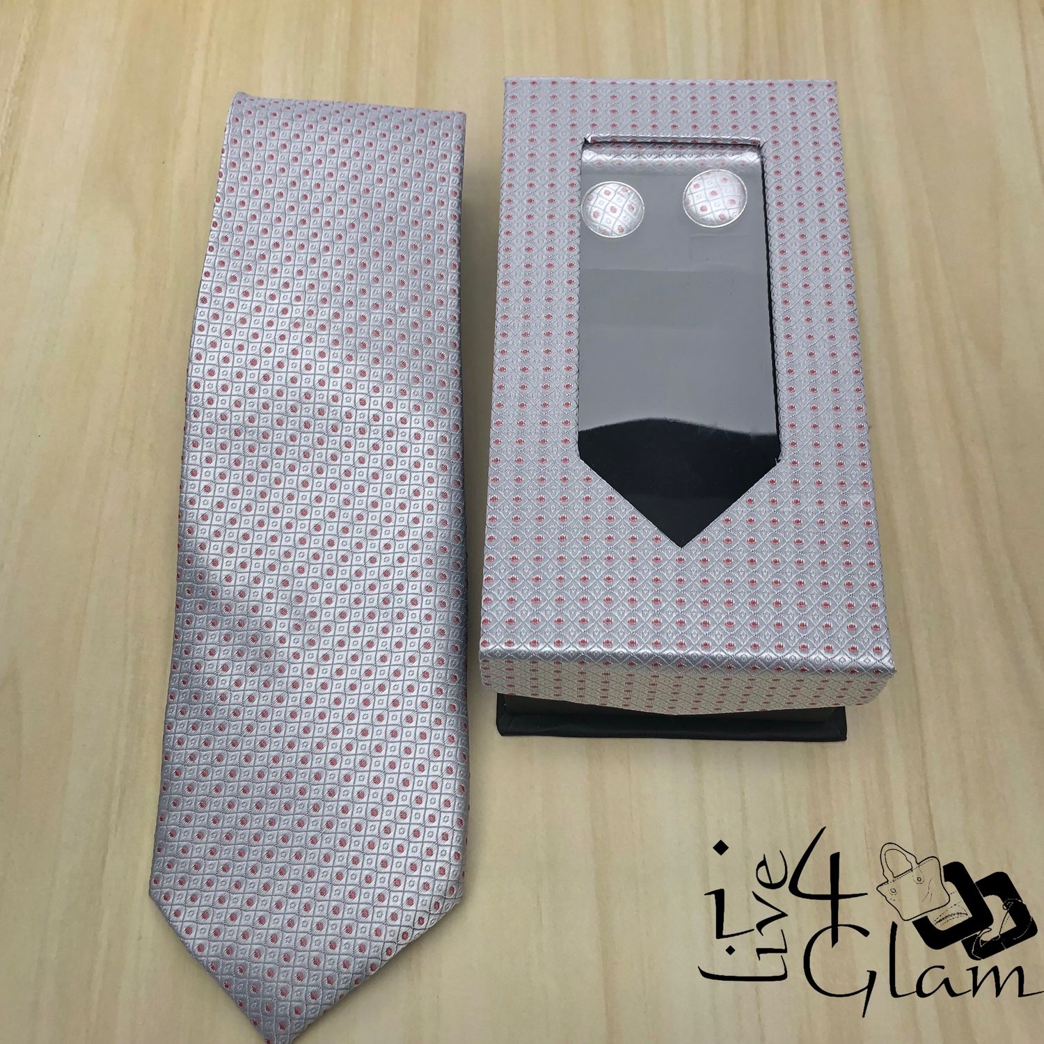 Men&#39;s Tie and Cuff Link Set Gray w Pink Pattern