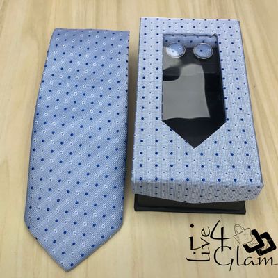 Men&#39;s Tie and Cuff Link Set Light Blue w Dots