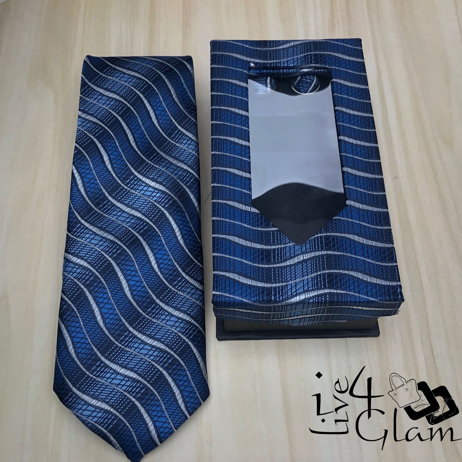 Men&#39;s Tie and Cuff Link Set Navy Blue Gray Pattern