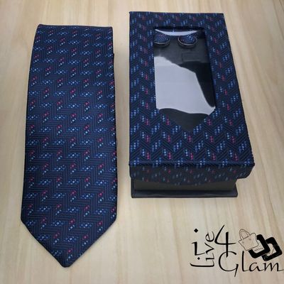 Men&#39;s Tie and Cuff Link Set Navy Blue Line Pattern