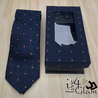 Men&#39;s Tie and Cuff Link Set Navy Blue w Orange