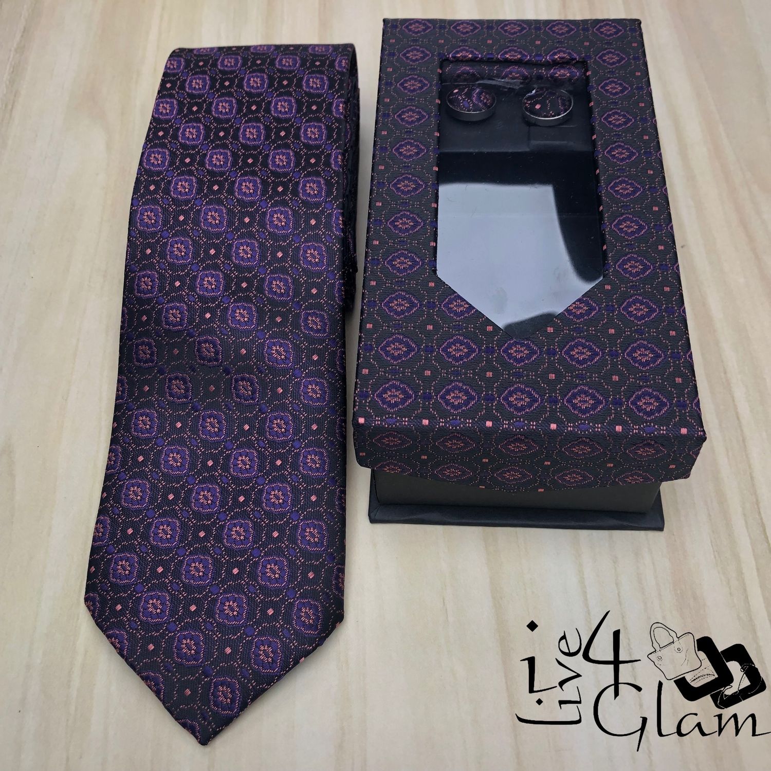 Men&#39;s Tie and Cuff Link Set Purple/Pink Flower
