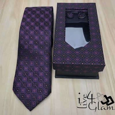 Men&#39;s Tie and Cuff Link Set Purple/Pink Flower