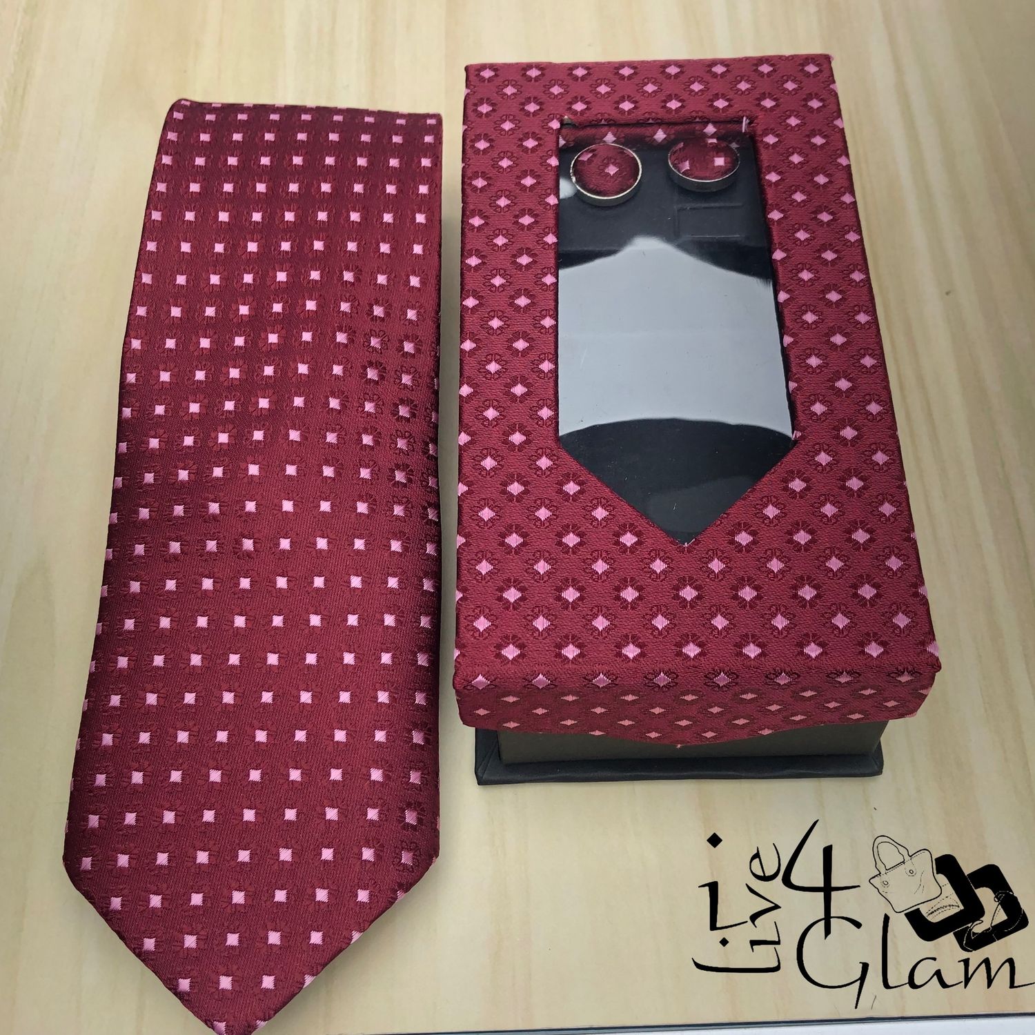 Men&#39;s Tie and Cuff Link Set Red Pink Squares