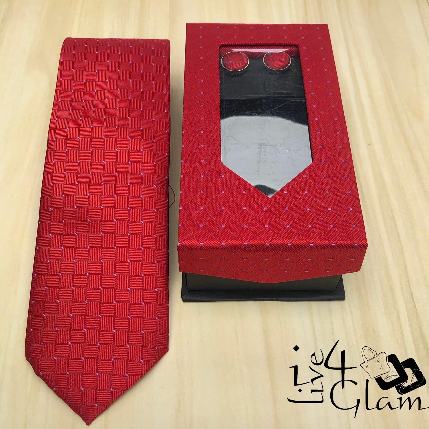 Men&#39;s Tie and Cuff Link Set Red w Pink Dots