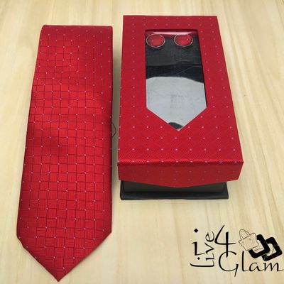 Men&#39;s Tie and Cuff Link Set Red w Pink Dots