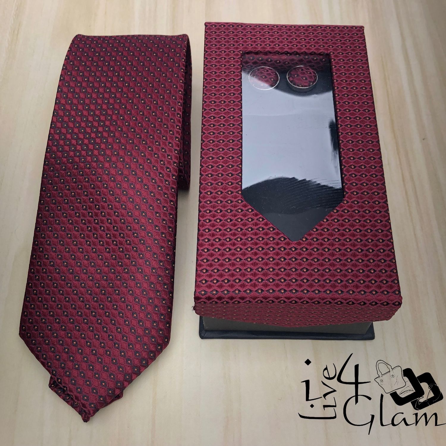 Men&#39;s Tie and Cuff Link Set Red Yellow Dots