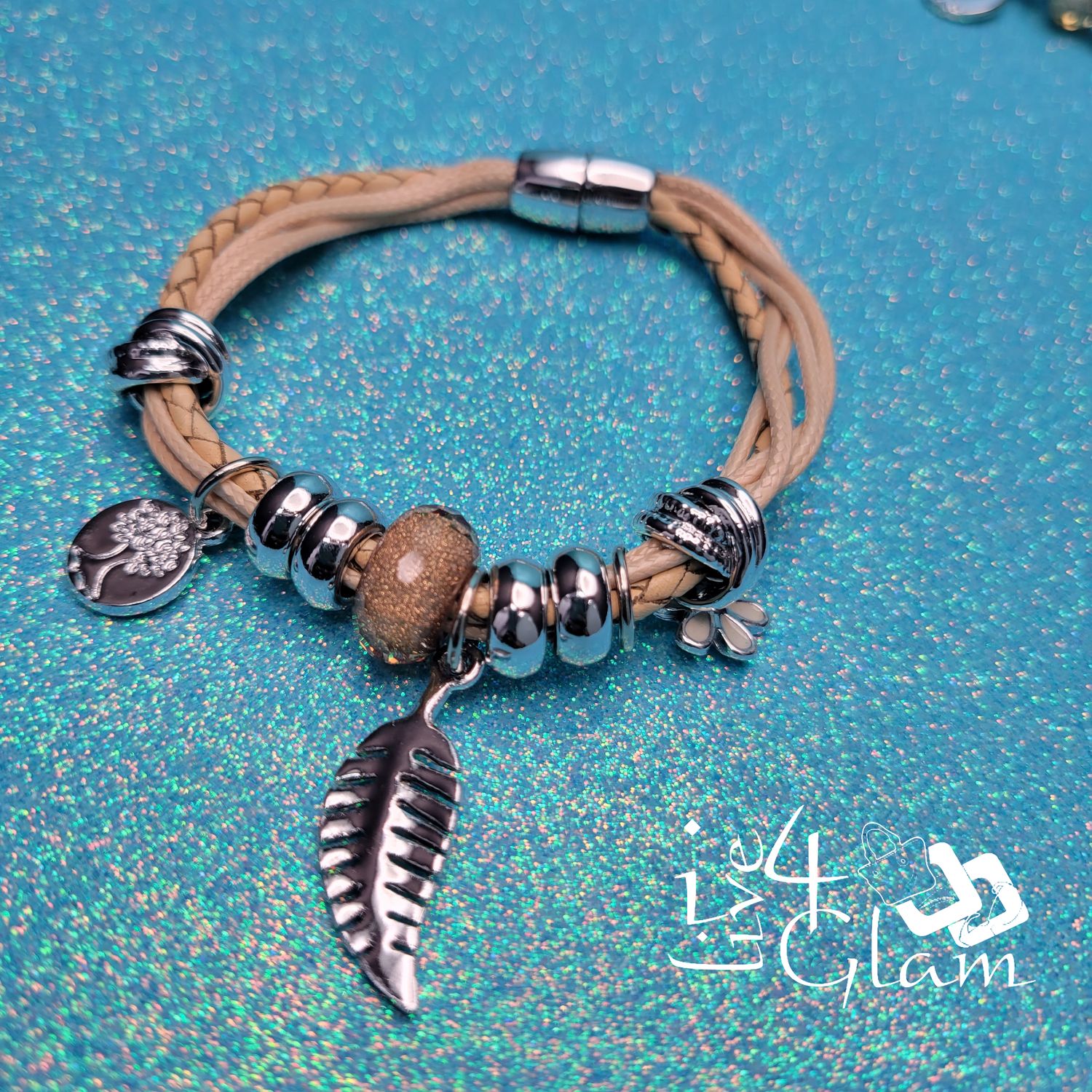 Magnetic Leather Leaf Charm Bracelet, Color: Beige