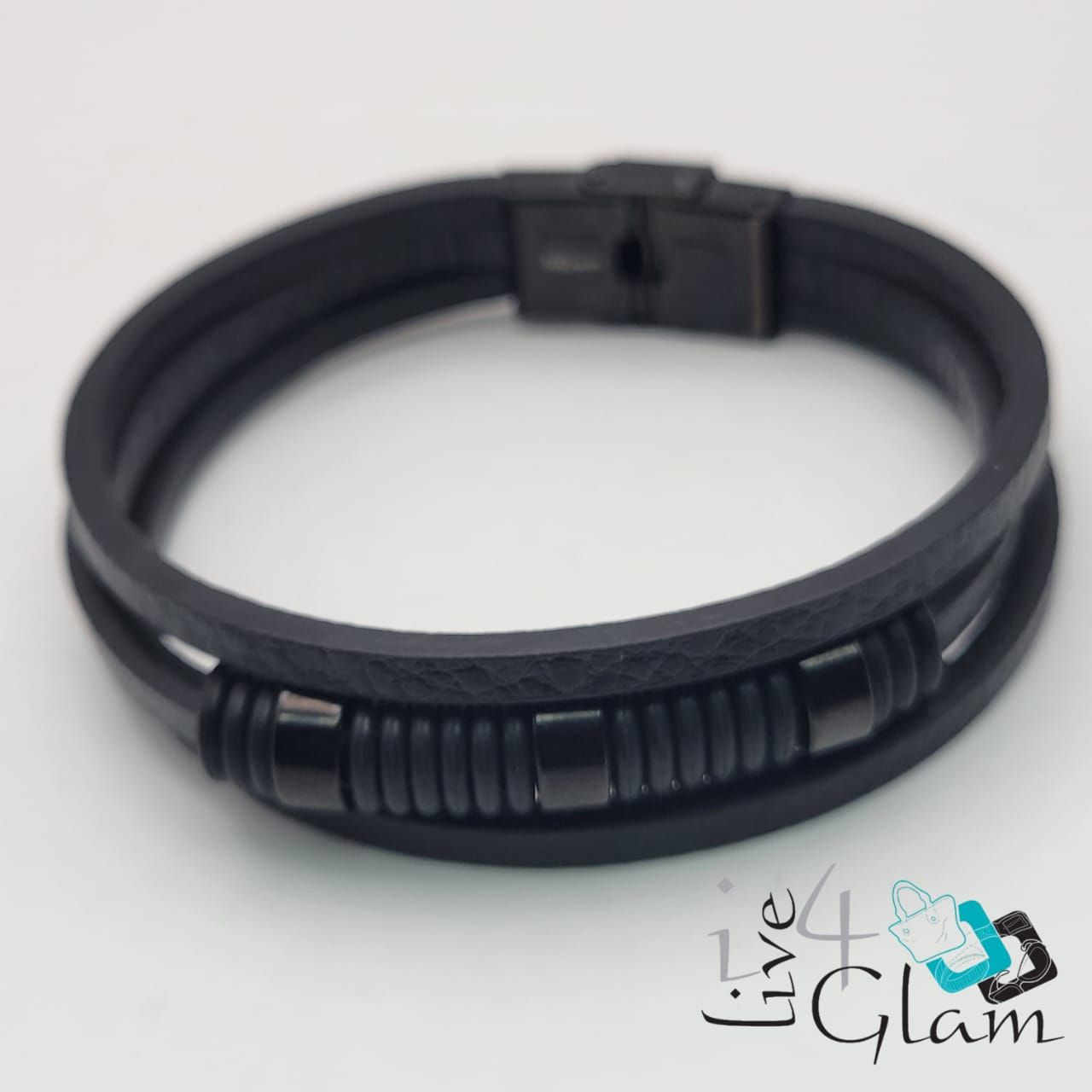 Stainless Steel Three  Layer Leather Hand Band , Color: Black