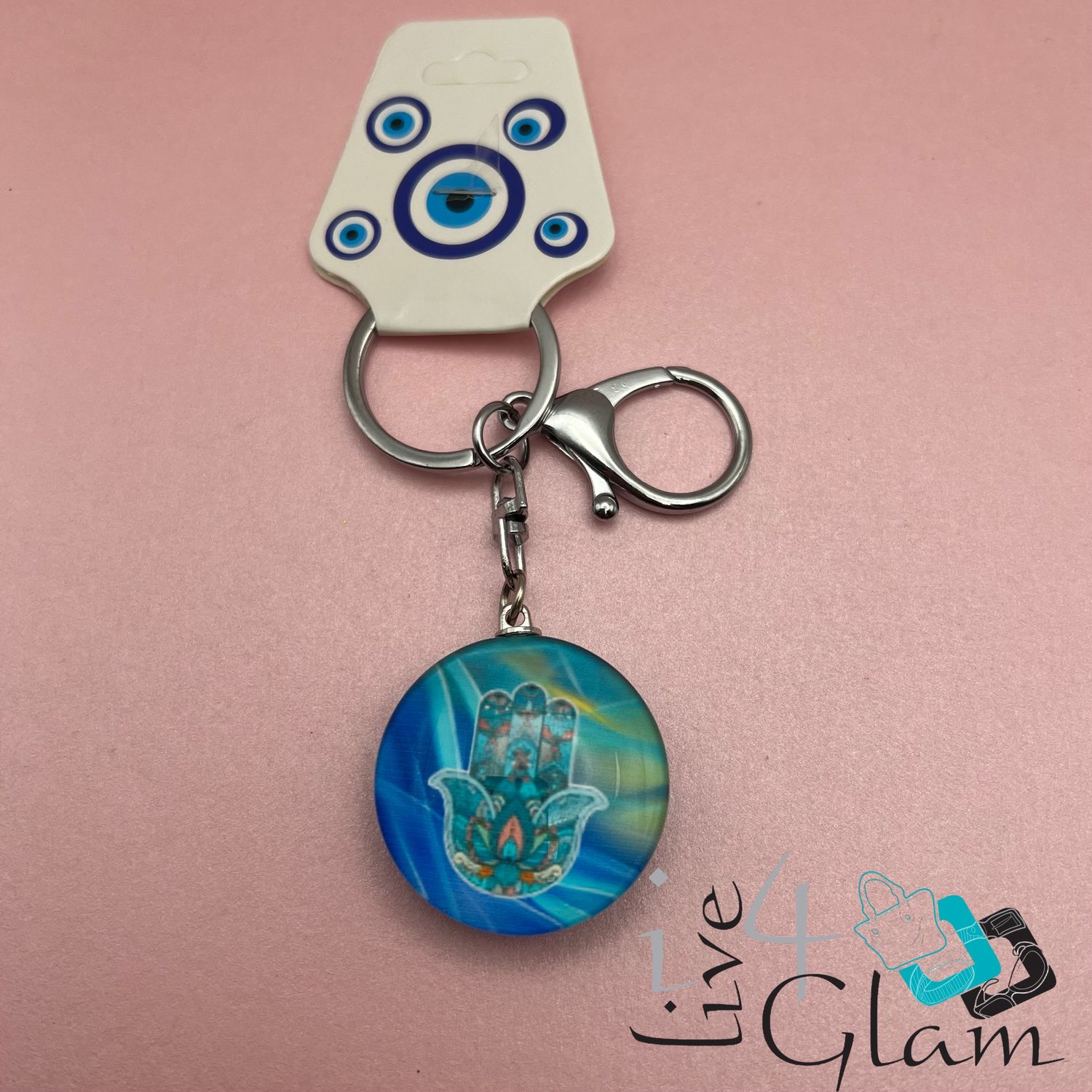 Glass Hamsa Hand Key Chain, Color: Light Blue