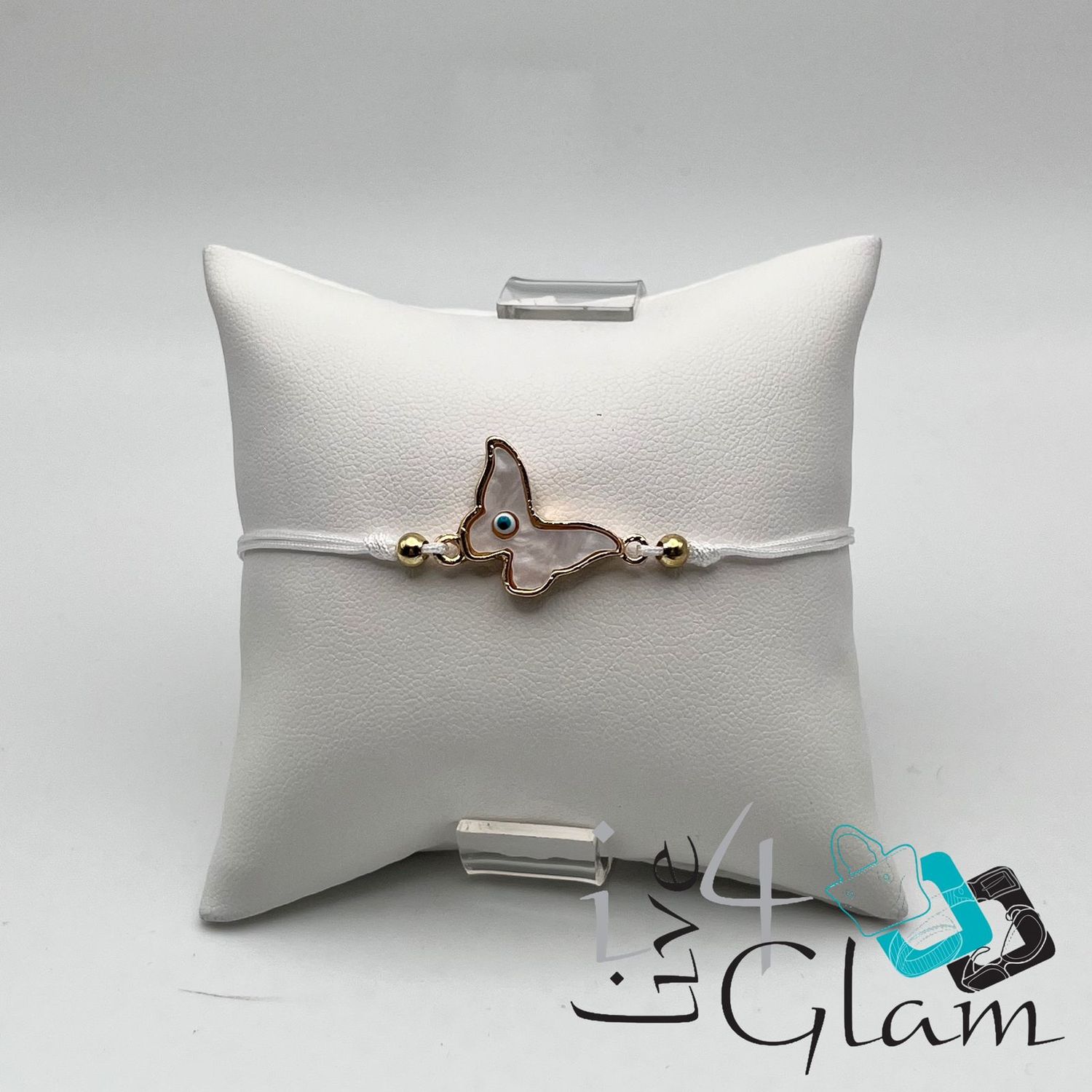 Gold Butterfly w Eye Pull String Bracelet, Color: White