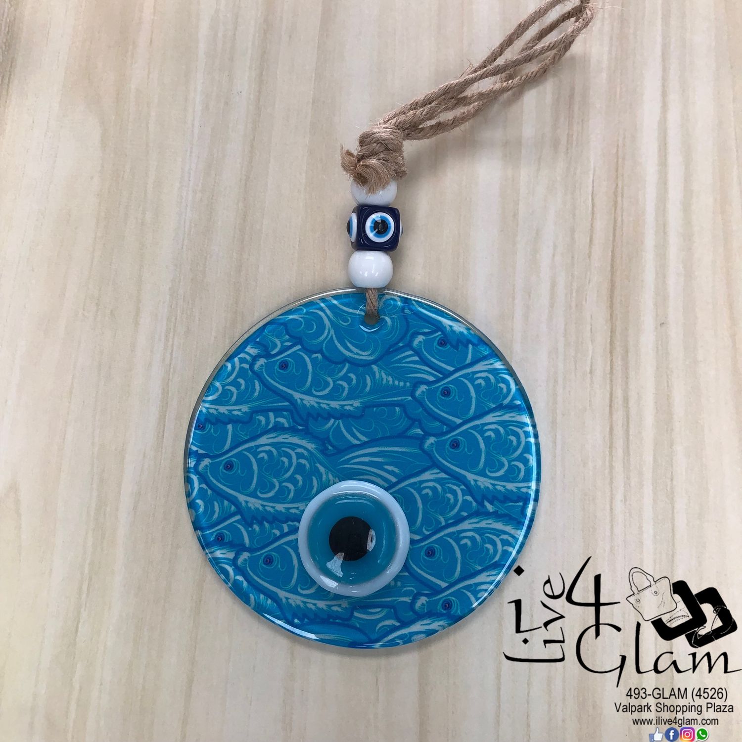 Glass Evil Eye Decoration Light Blue Fish Pattern