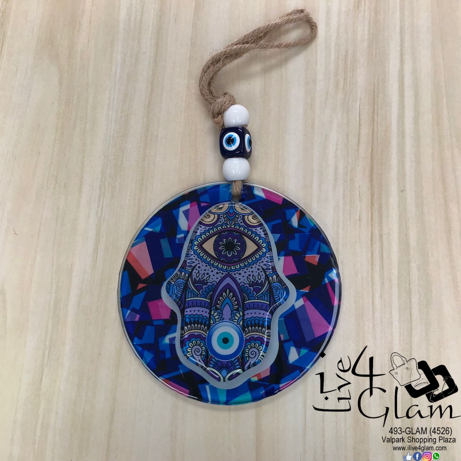Glass Evil Eye Decoration Raised Hamsa Hand