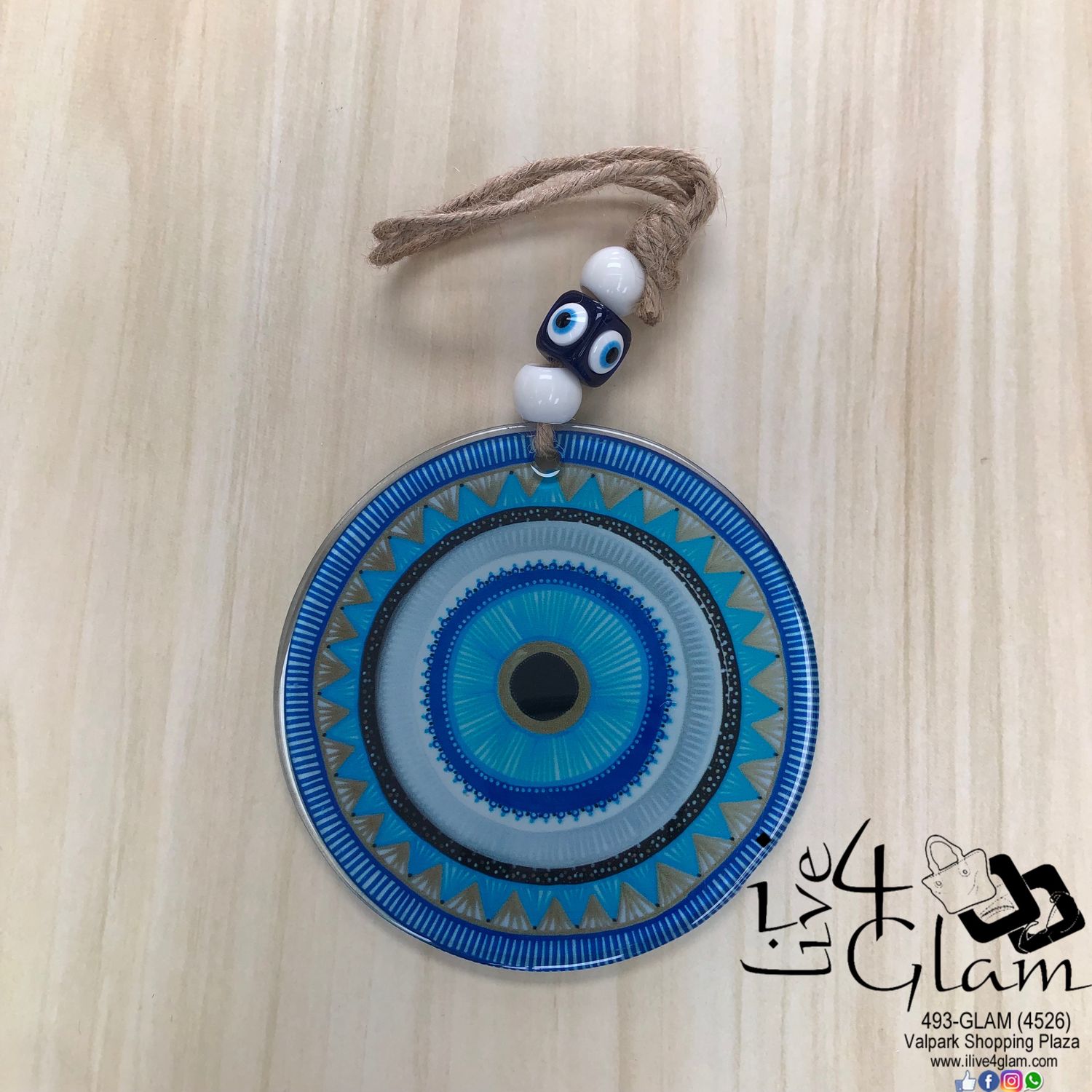 Glass Evil Eye Decoration Light Blue Mandala Pattern