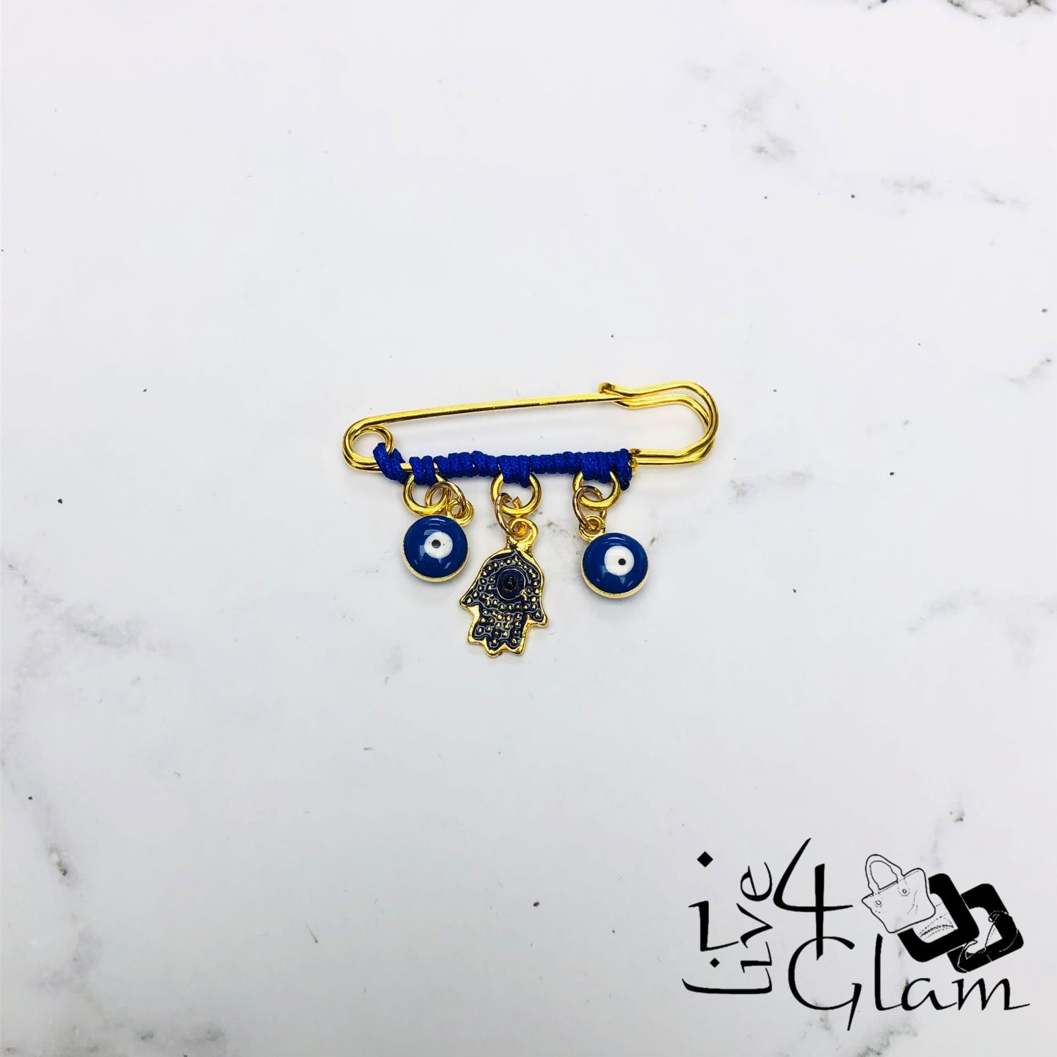 Blue Evil Eye Pin w Hamsa Hand Gold