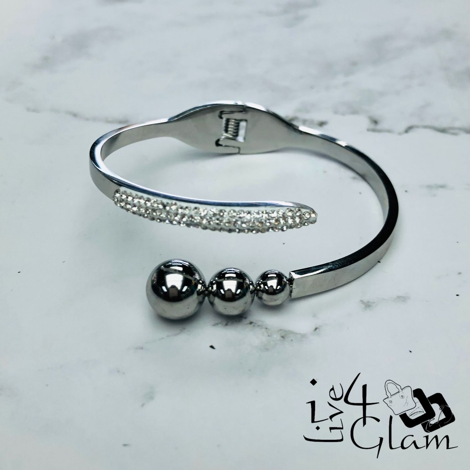 Stainless Steel Silver Ball  w Cz Spiral Bangle