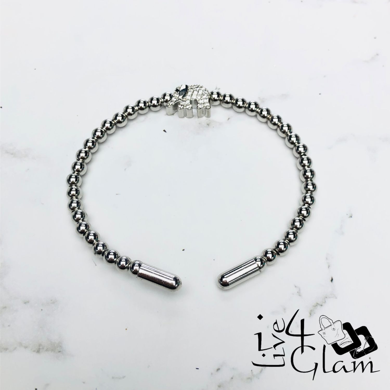 Stainless Steel Ball Link w Elephant Bangle, Color: Silver