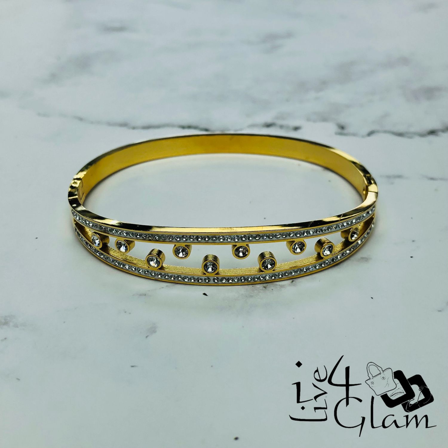 Stainless Steel Cz Bangle, Color: Gold