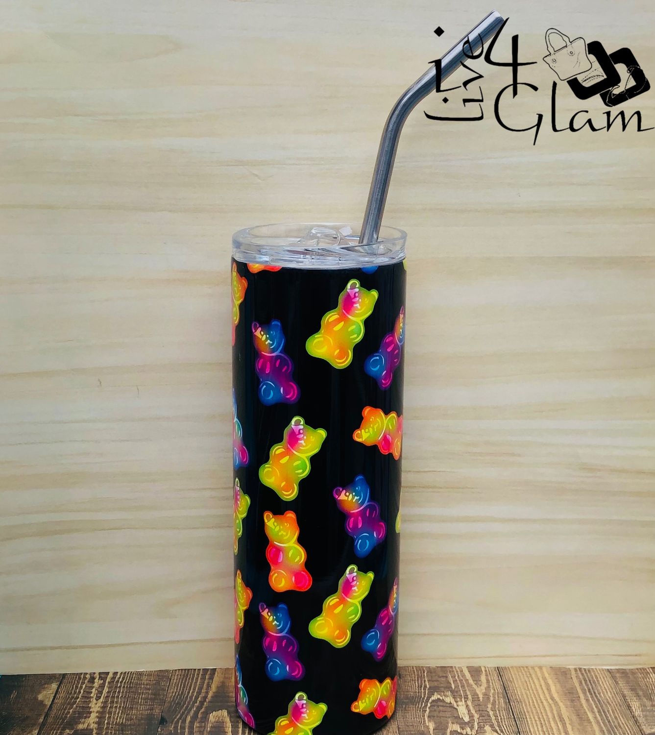 Black Tumbler w Straw Gummy Bear 20oz