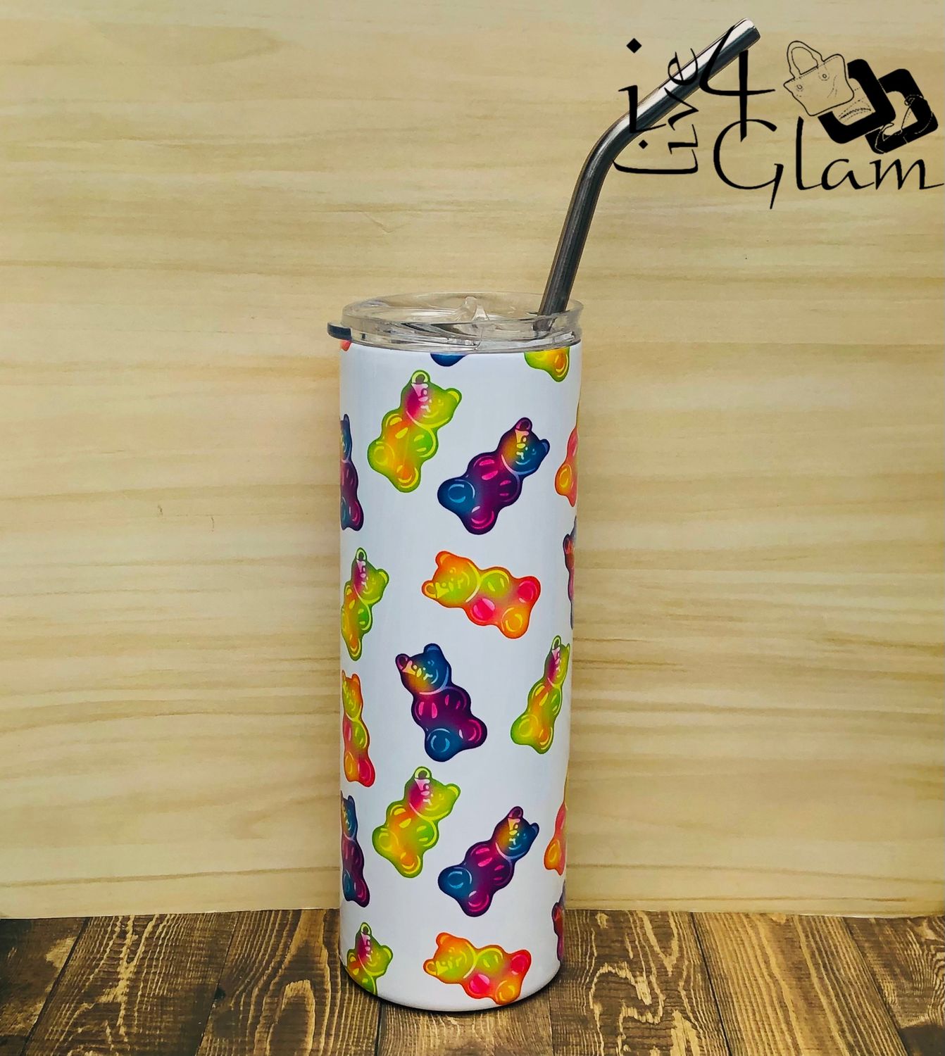 White Tumbler w Straw Gummy Bear 20oz