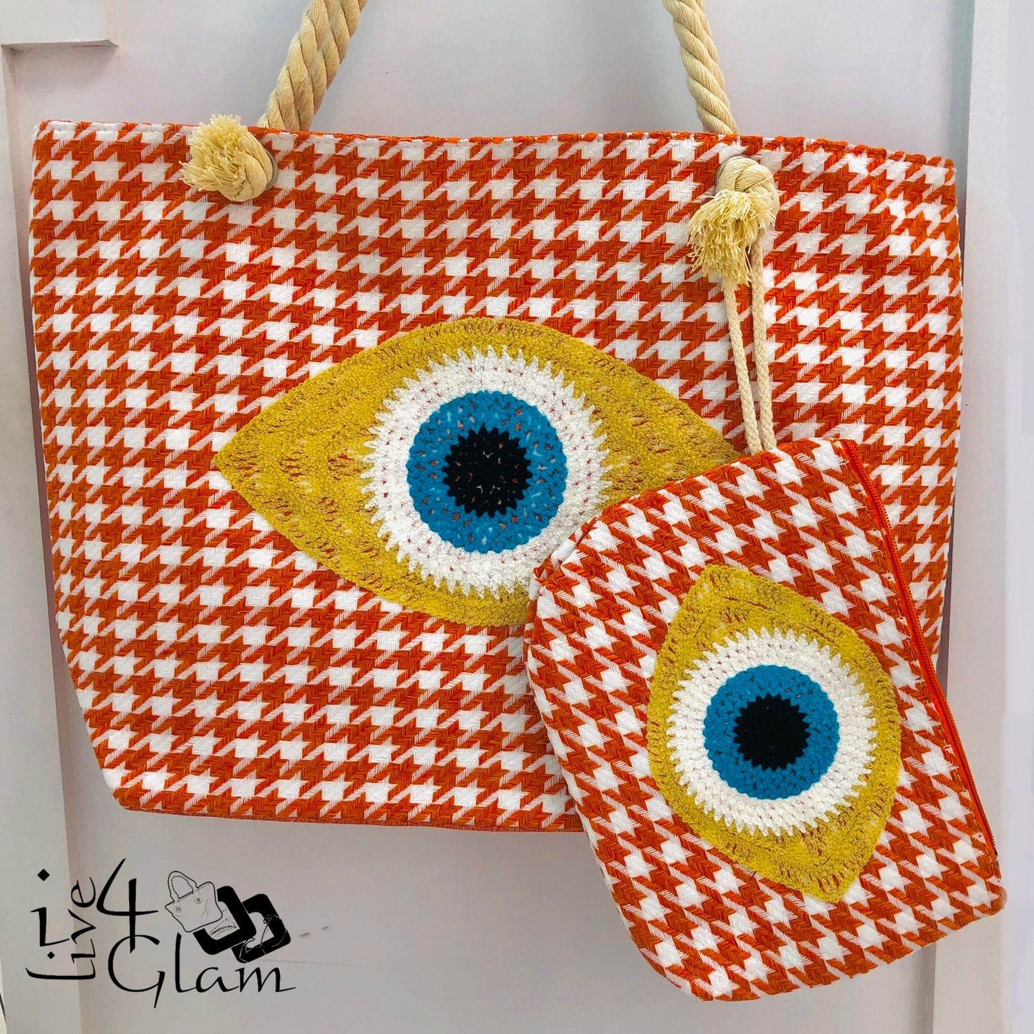 Orange/White Evil Eye Beach Bag