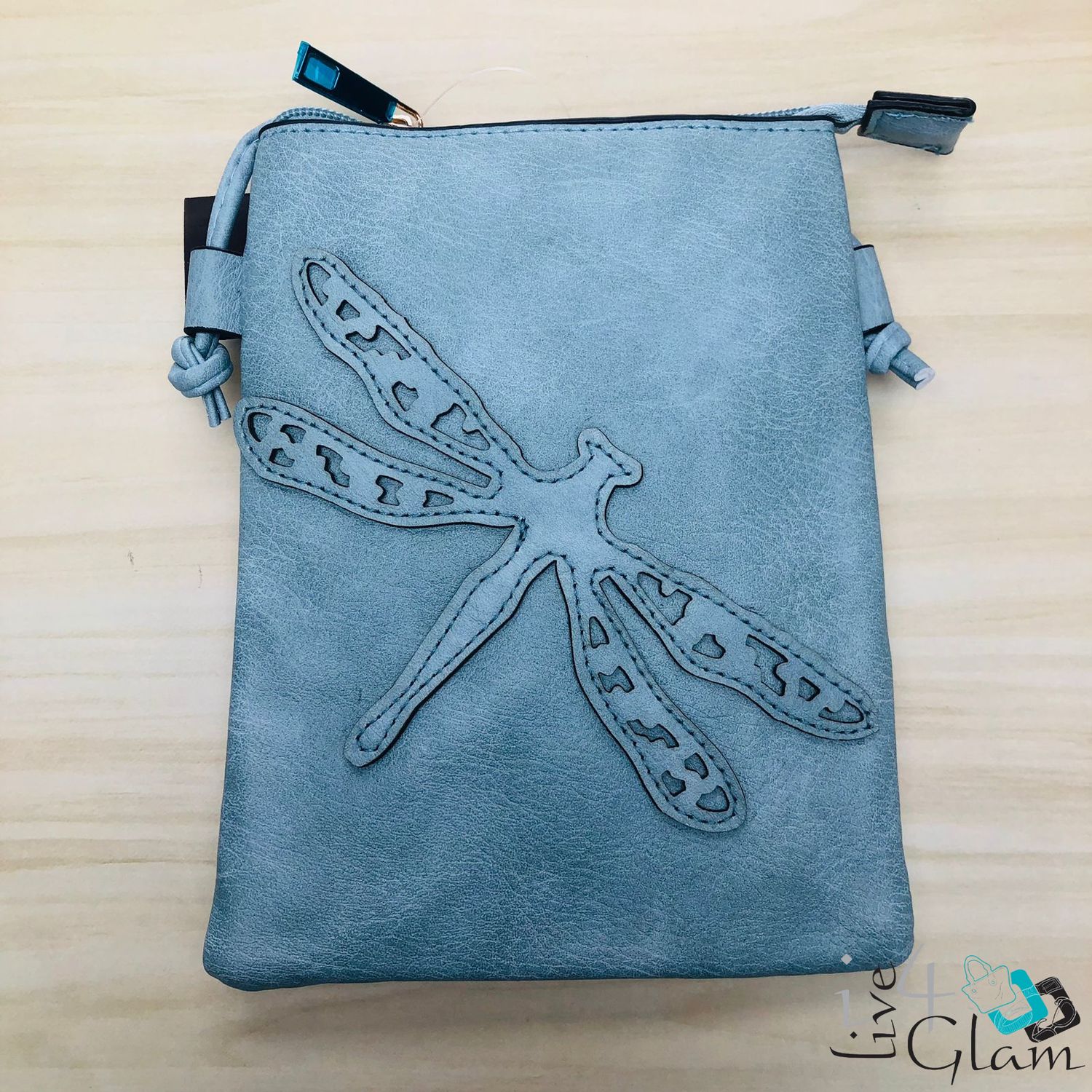 Leather Cross Body Bag Light Blue Dragonfly