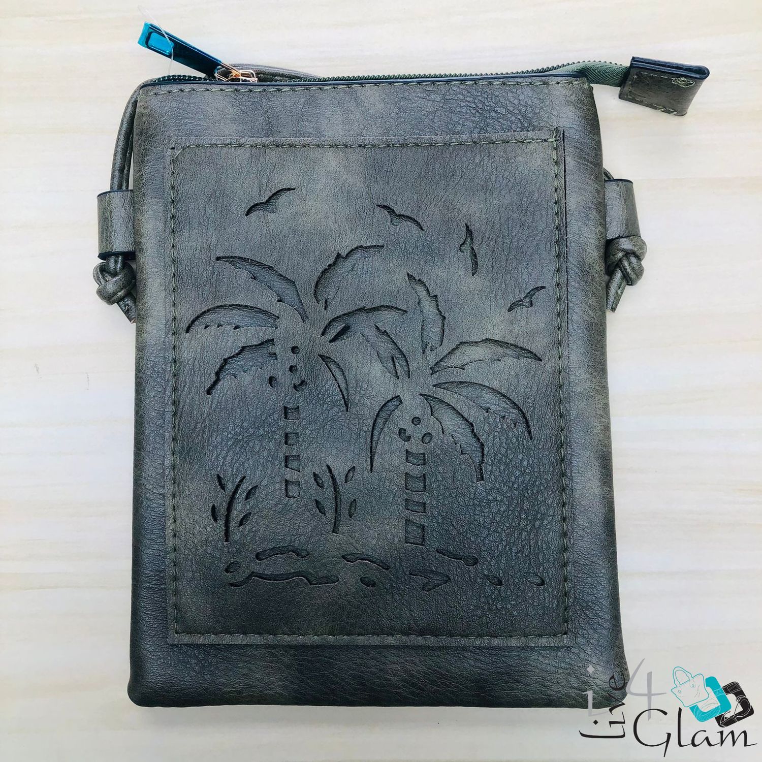 Leather Cross Body Bag Dark Green Palm Tree