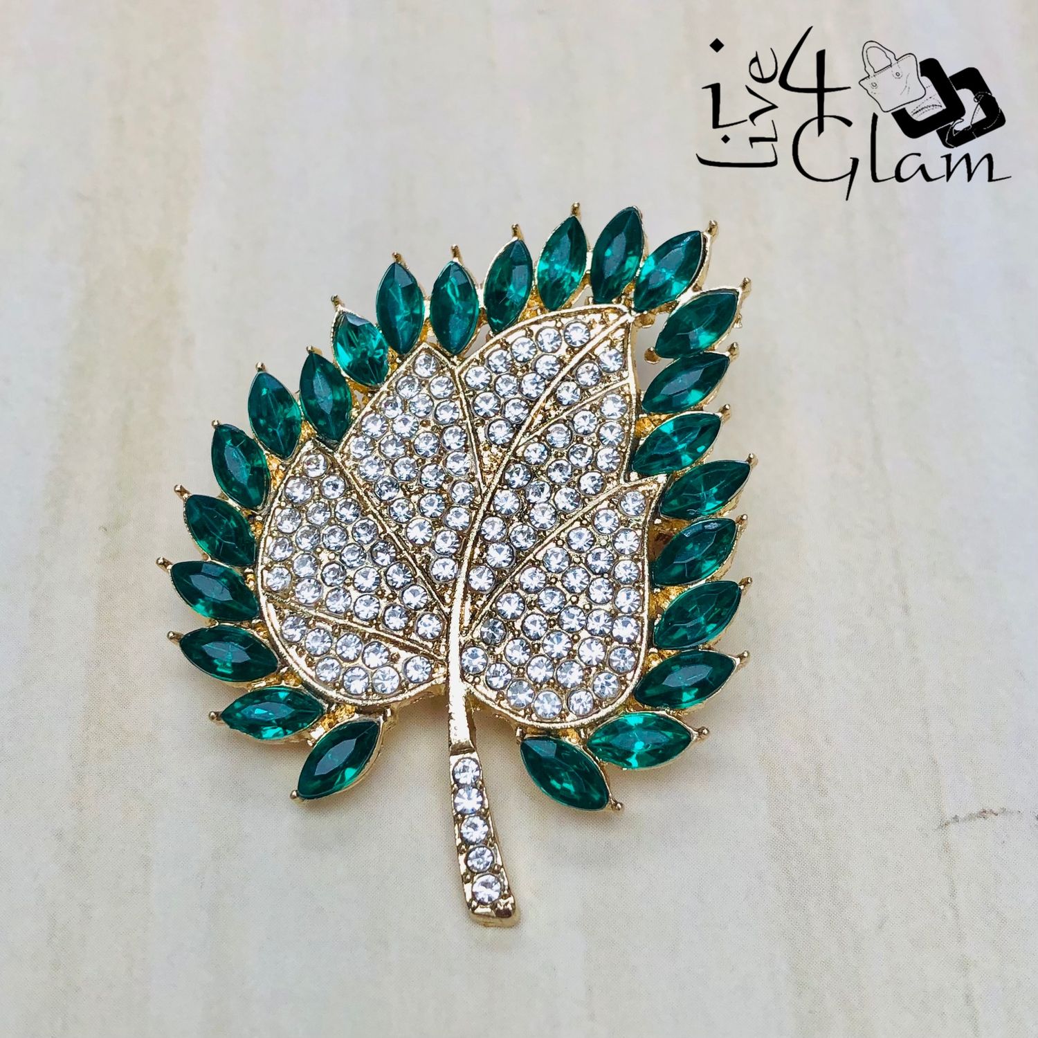 Green Rhinestone Leaf Broach