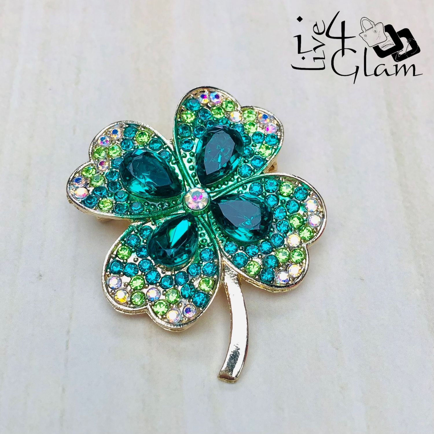 Green Rhinestone Clover Broach