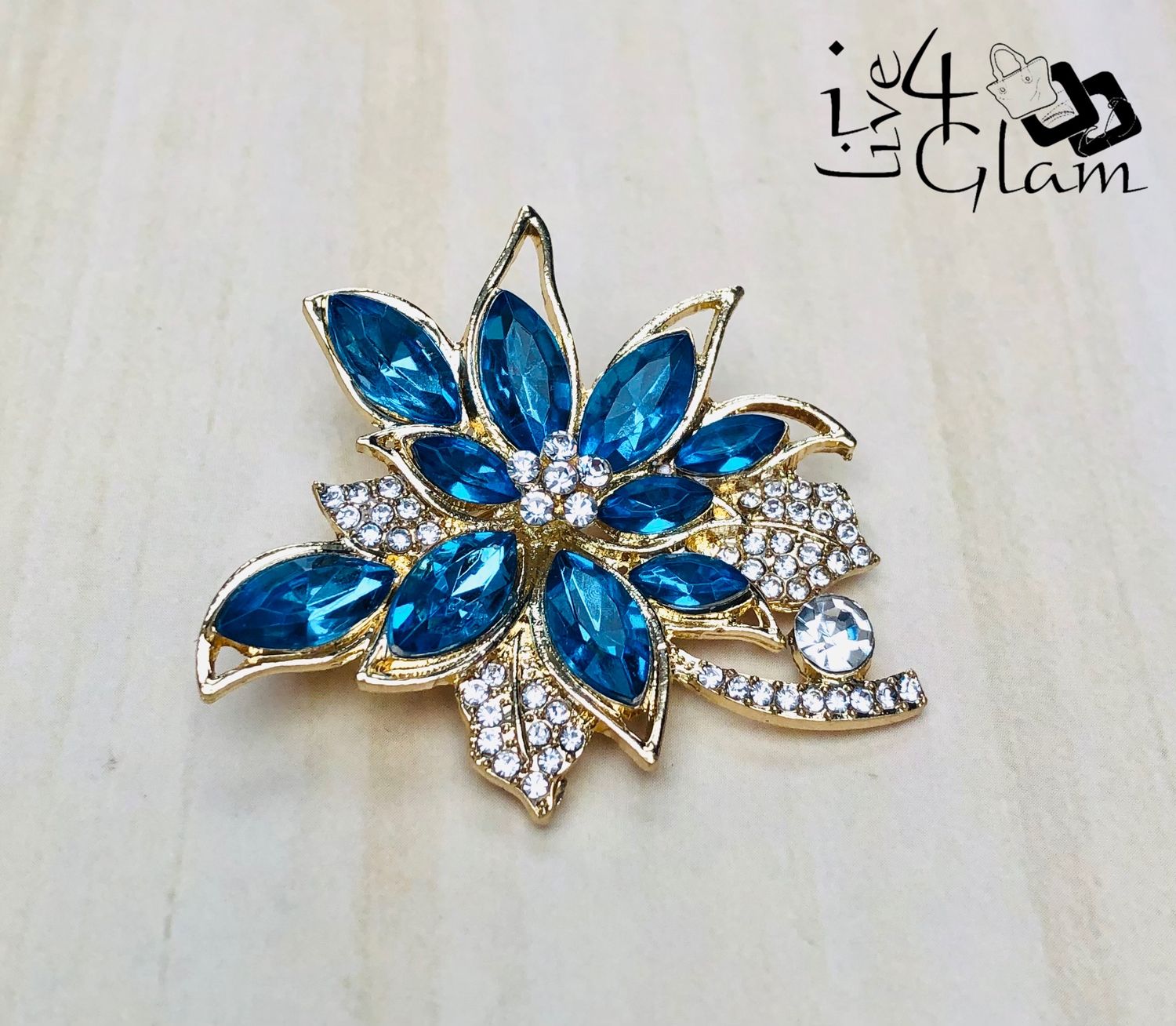 Blue Rhinestone Flower Broach