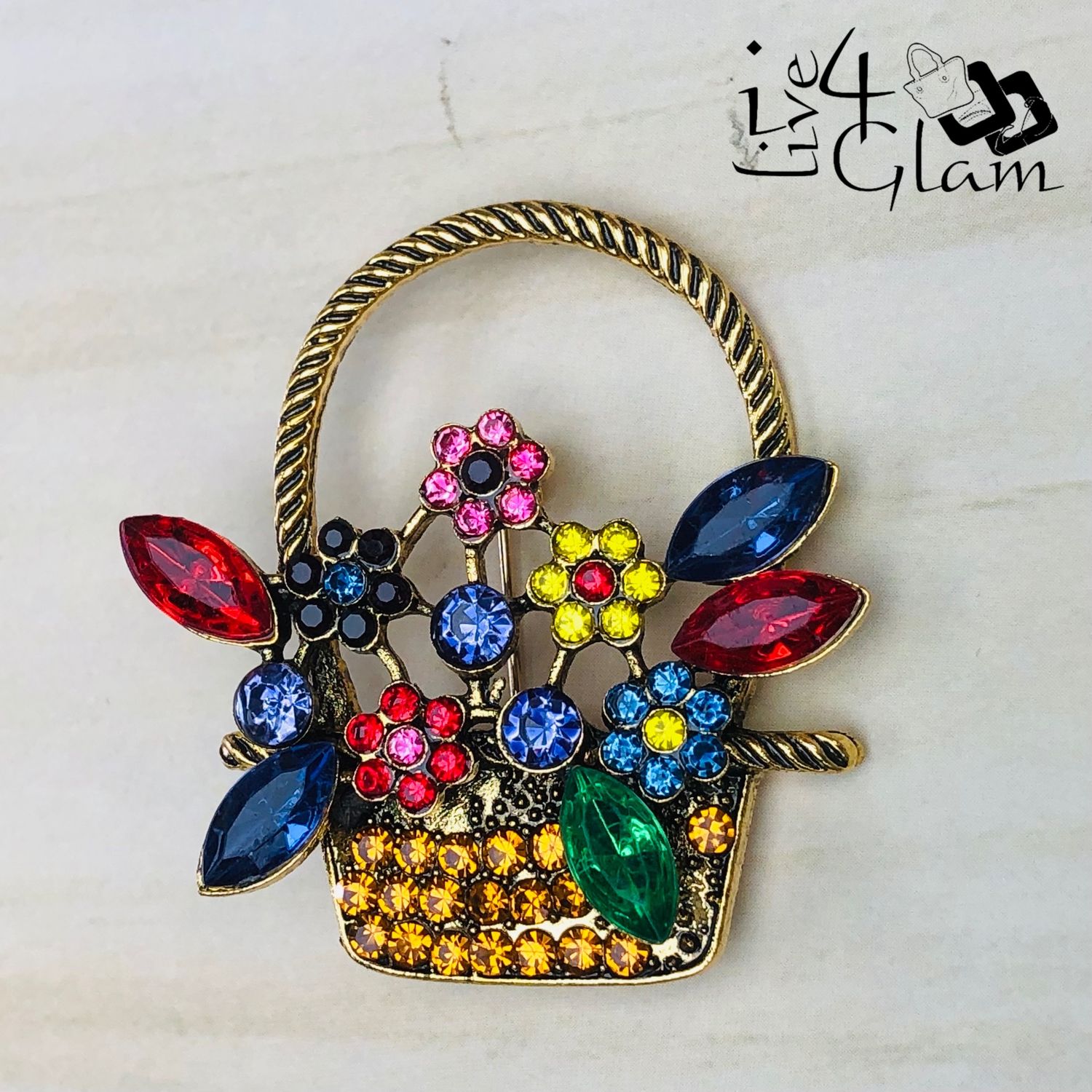 Rhinestone Flower Basket Broach