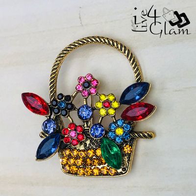 Rhinestone Flower Basket Broach