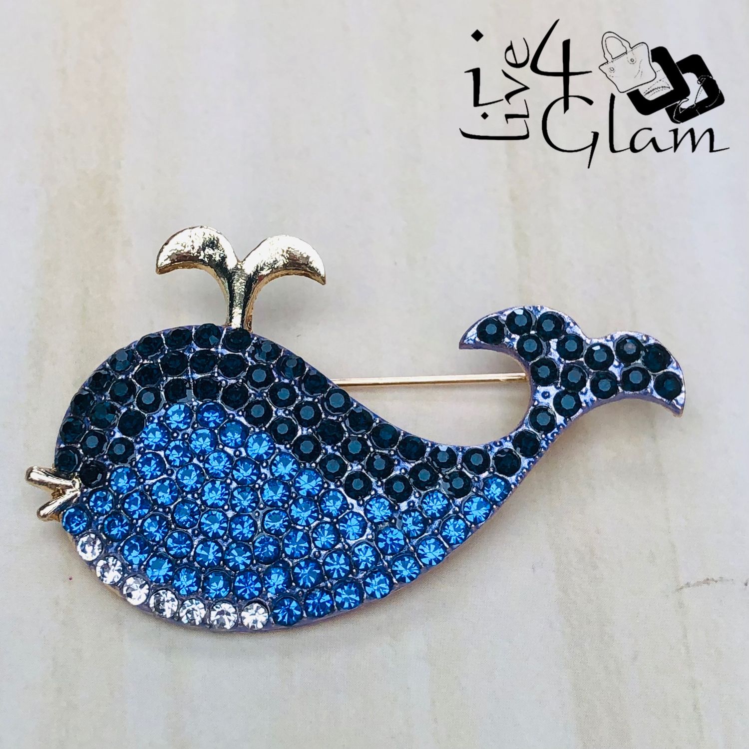 Blue Rhinestone Whale Broach