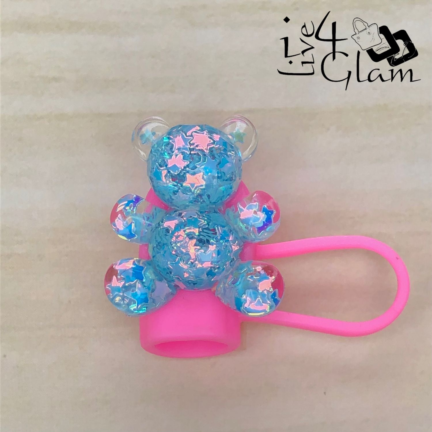 Blue Iridescent Bear Pink Large Straw Cover