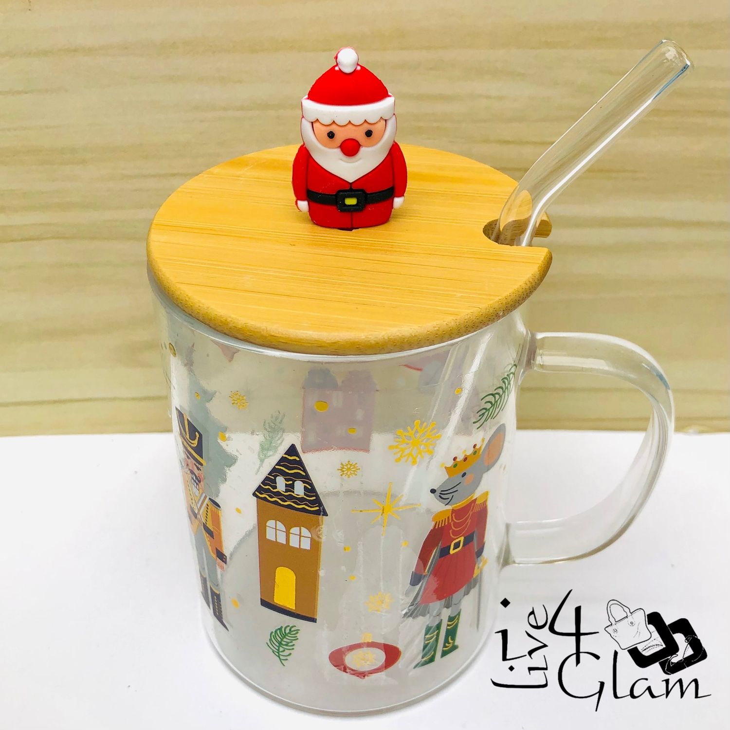 Christmas Glass Mug with Handle and Straw Style 1