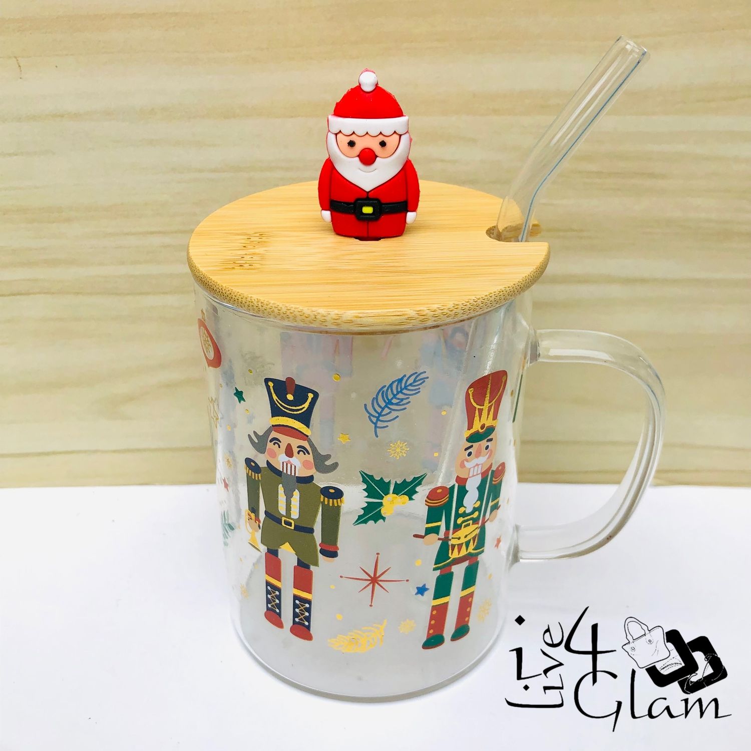 Christmas Glass Mug with Handle and Straw Style 2
