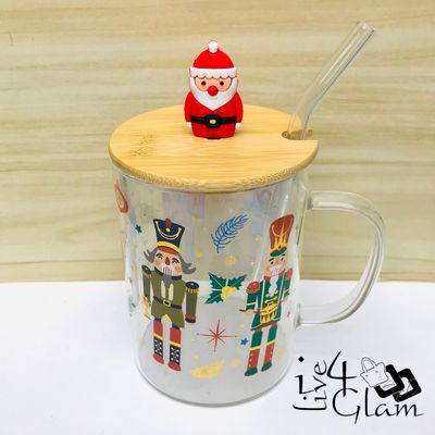 Christmas Glass Mug with Handle and Straw Style 2
