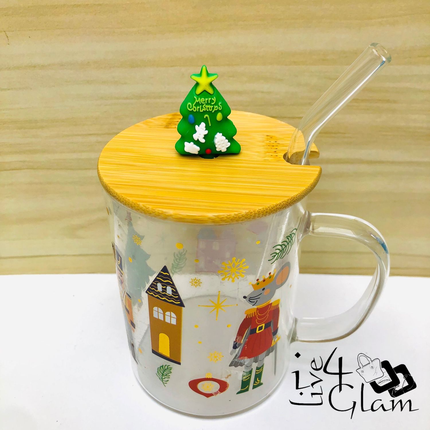 Christmas Glass Mug with Handle and Straw Style 4