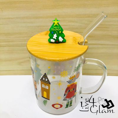 Christmas Glass Mug with Handle and Straw Style 4
