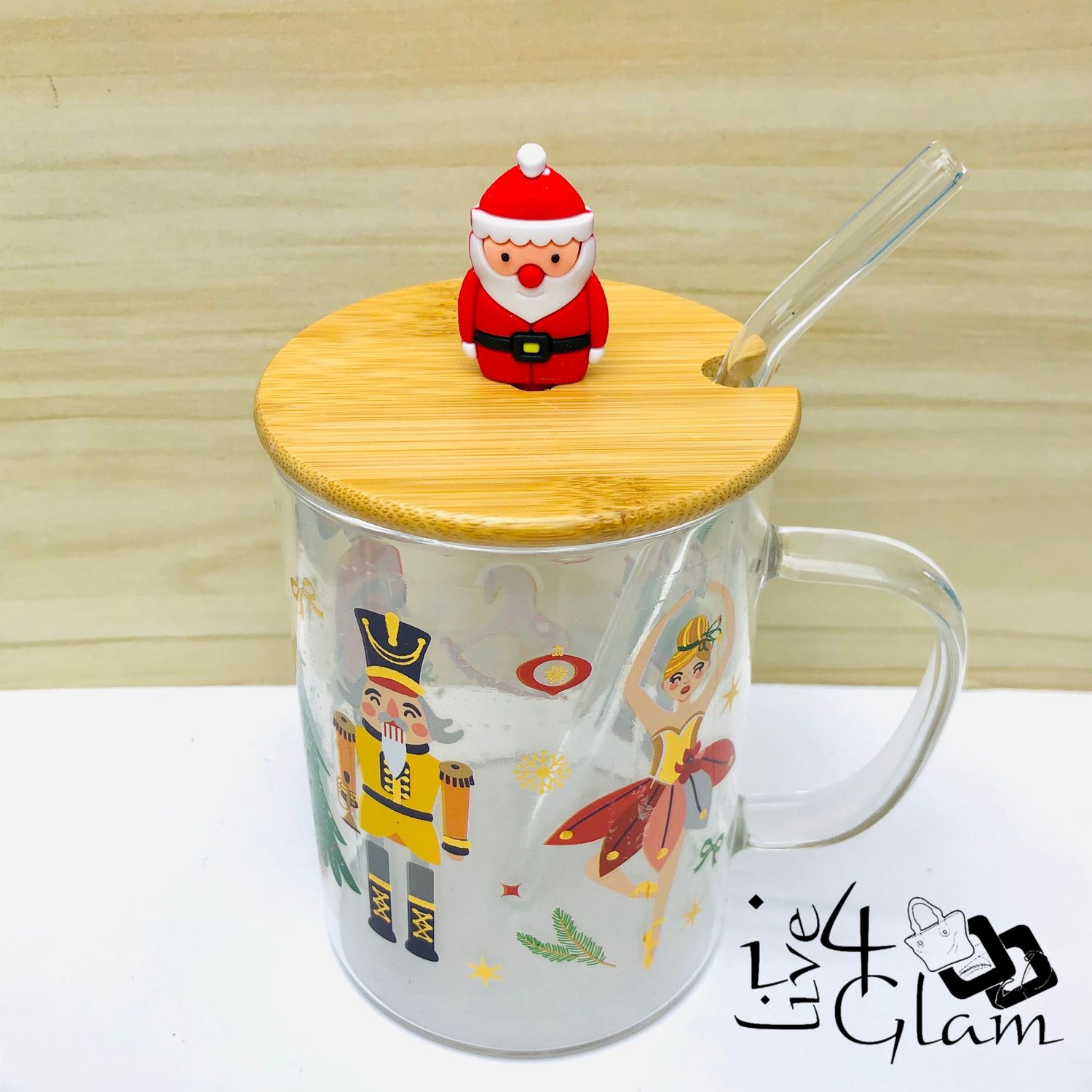 Christmas Glass Mug with Handle and Straw Style 5