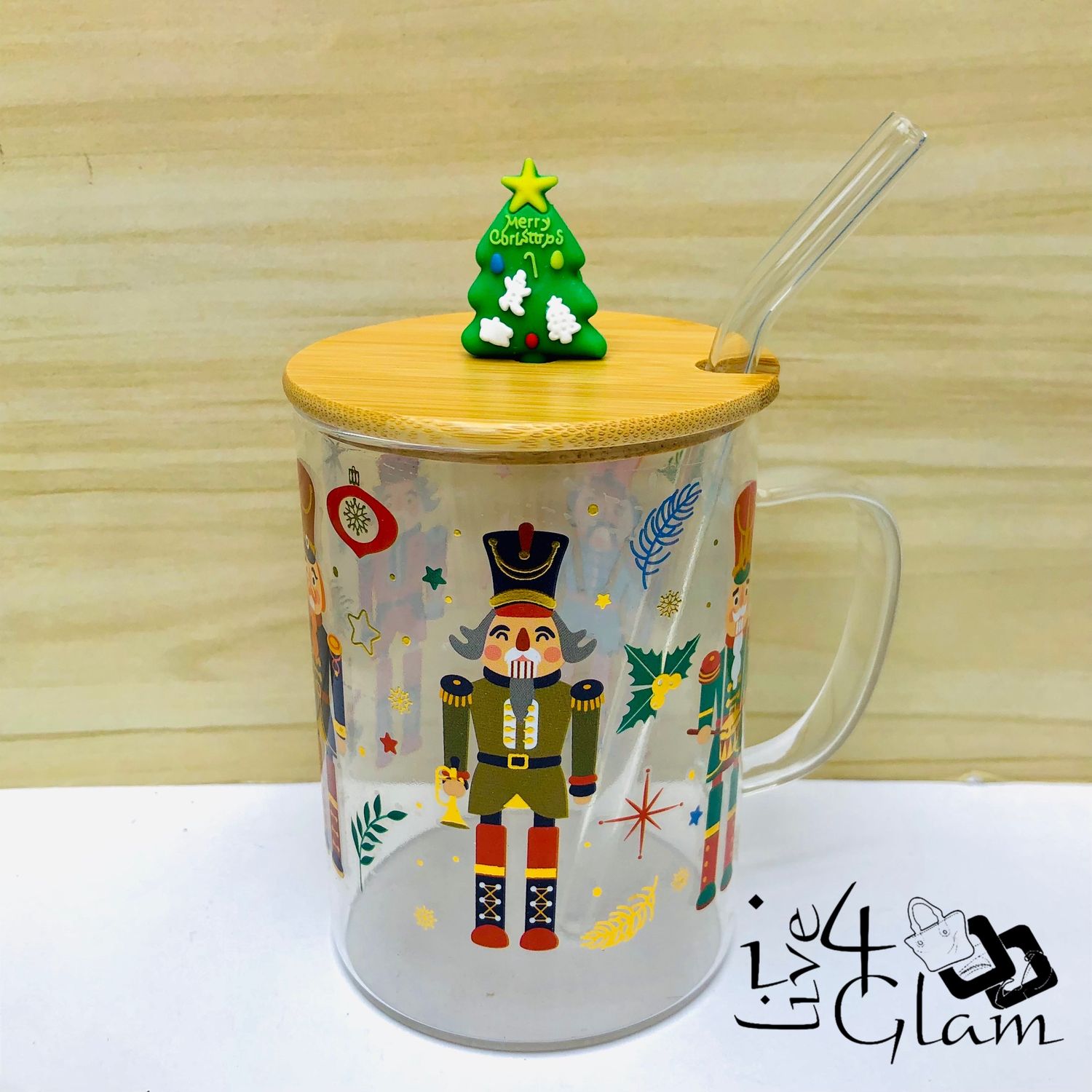 Christmas Glass Mug with Handle and Straw Style 3