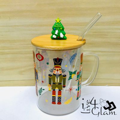 Christmas Glass Mug with Handle and Straw Style 3