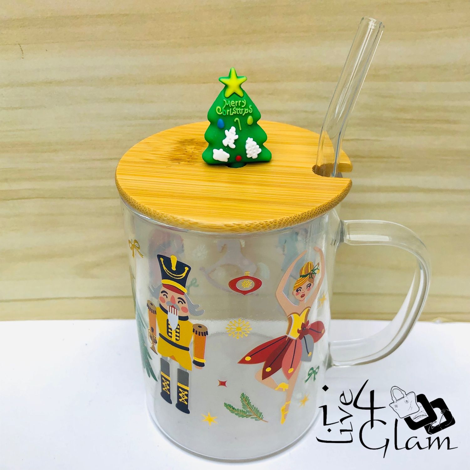 Christmas Glass Mug with Handle and Straw Style 6