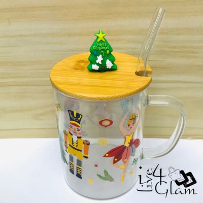 Christmas Glass Mug with Handle and Straw Style 6