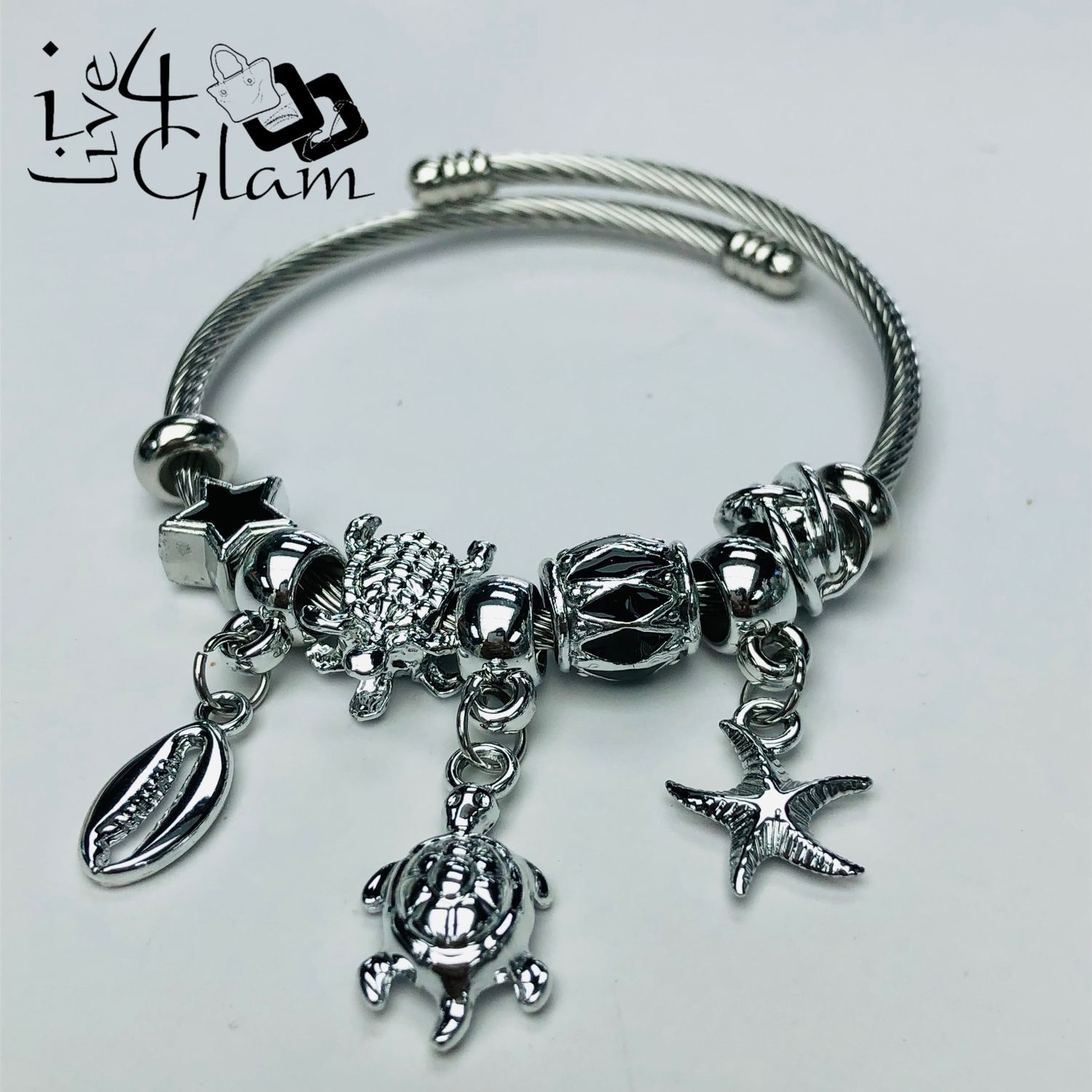 Stainless Steel Snake Link Turtle Charm Bracelet Black