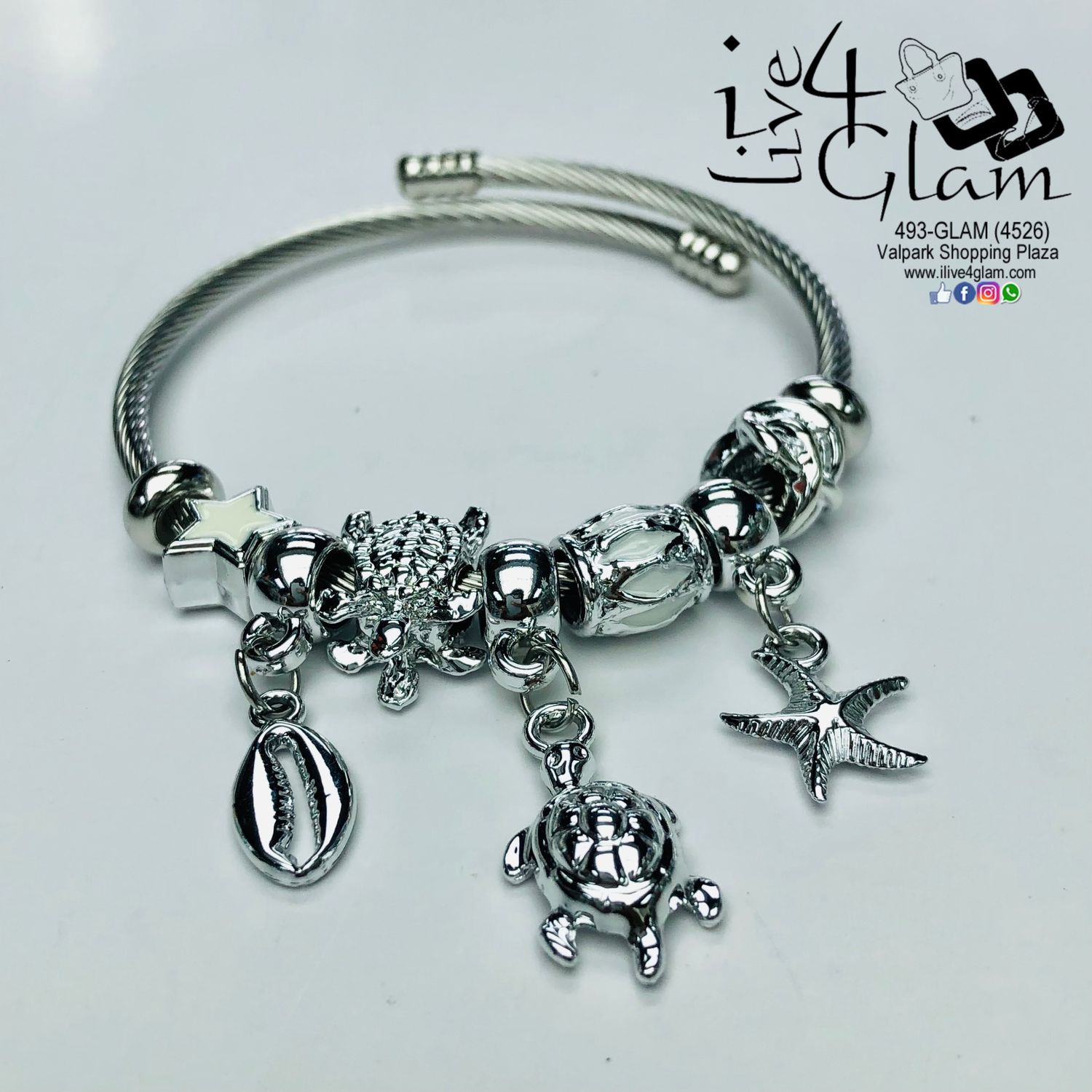 Stainless Steel Snake Link Turtle Charm Bracelet White