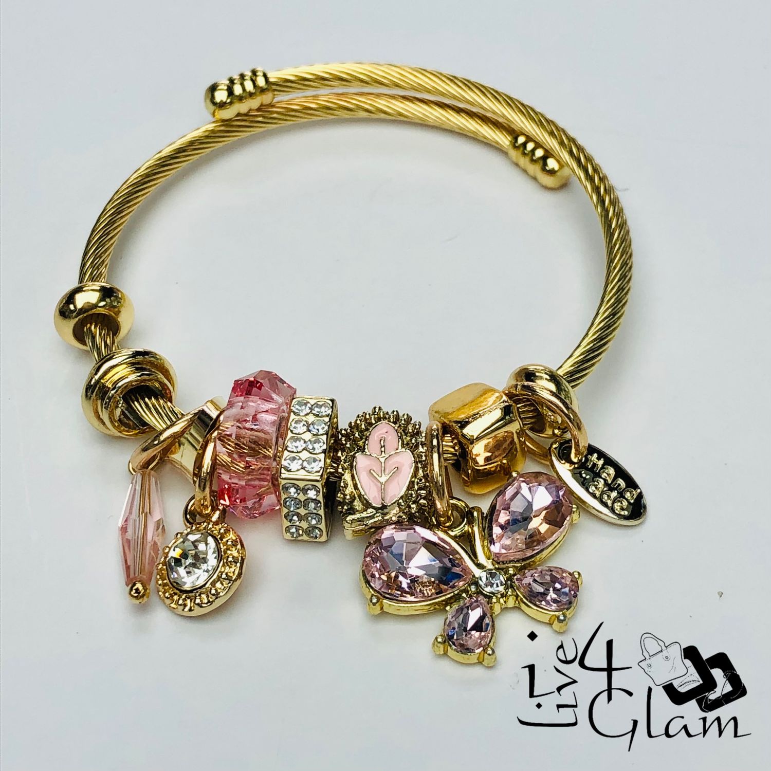 Stainless Steel Snake Link Cz Butterfly Charm Bracelet Pink