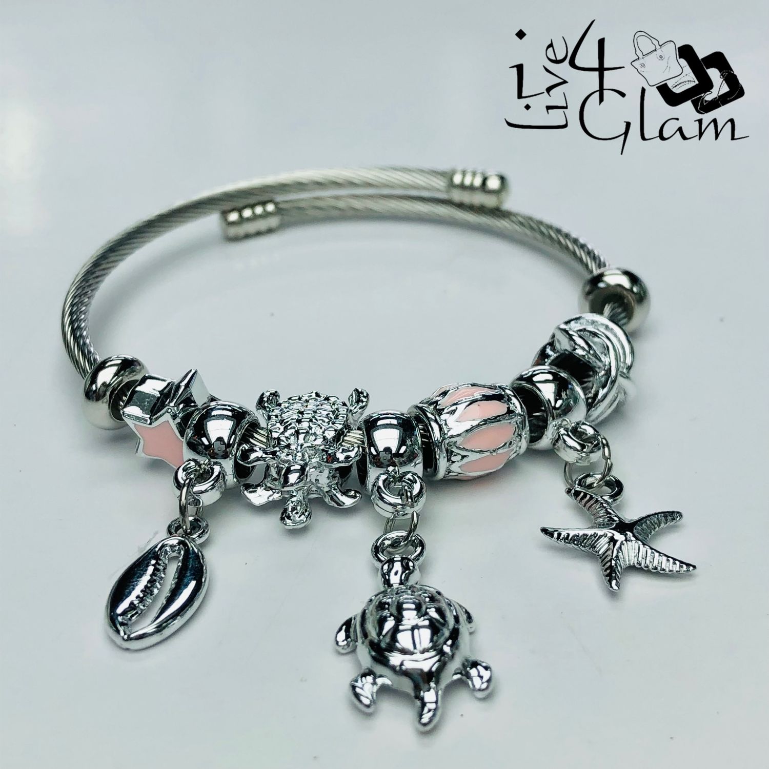Stainless Steel Snake Link Turtle Charm Bracelet Pink